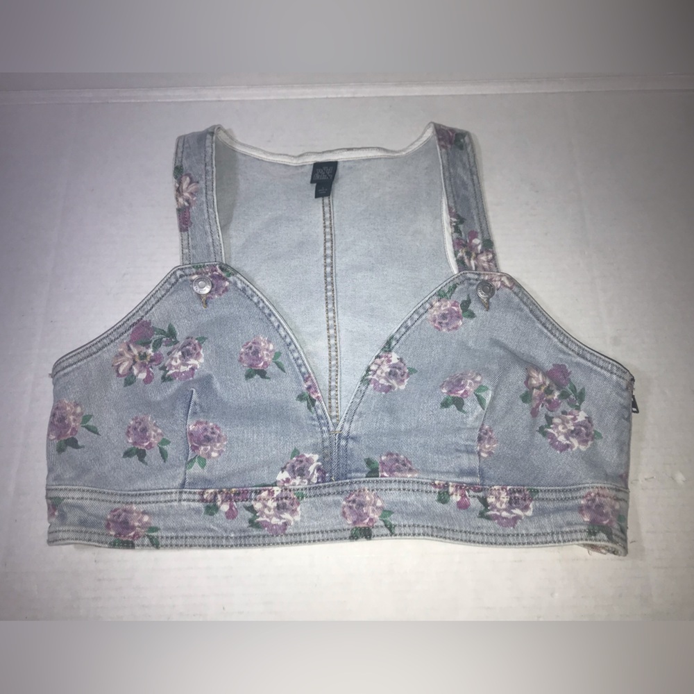 Wild Fable Cropped Denim Bralette Vest V-Neck - Light Wash Floral Sz L